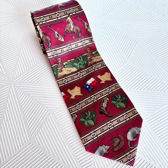100% Silk Texas Western Rodeo Novelty Necktie Cowboy Boots Cactus State Puritan - Picture 1 of 7